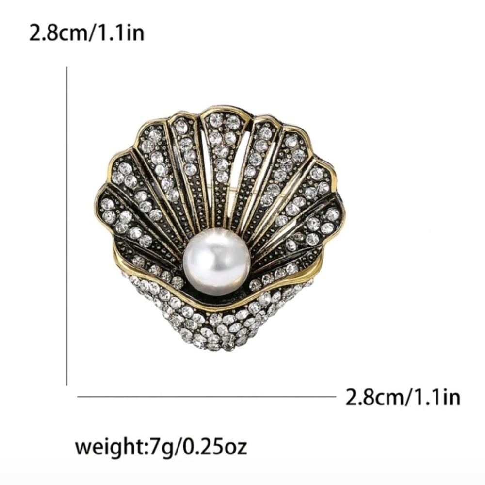 Gold and Silver Rhinestone Shell Brooch with Pearl Accent